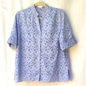 Draper's & Damon's Blue Eyelet 3/4 Sleeve Button-up Shirt Women's Petite Large